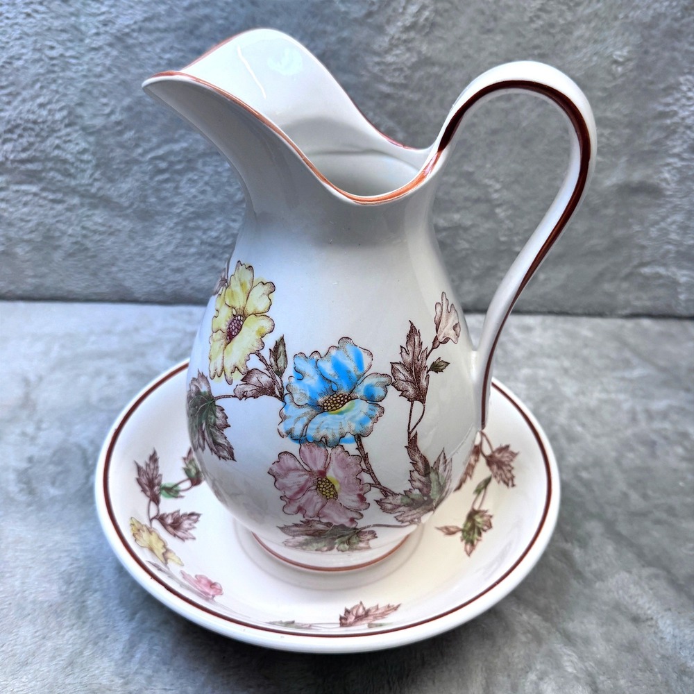 Vintage Japan Pitcher Bowl Set Floral Ceramic Mid Century Cottage Botanical‎